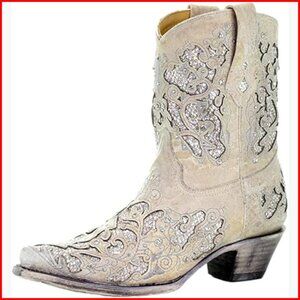 White Leather Wedding Boots with Embroidered Glitter and Crystals